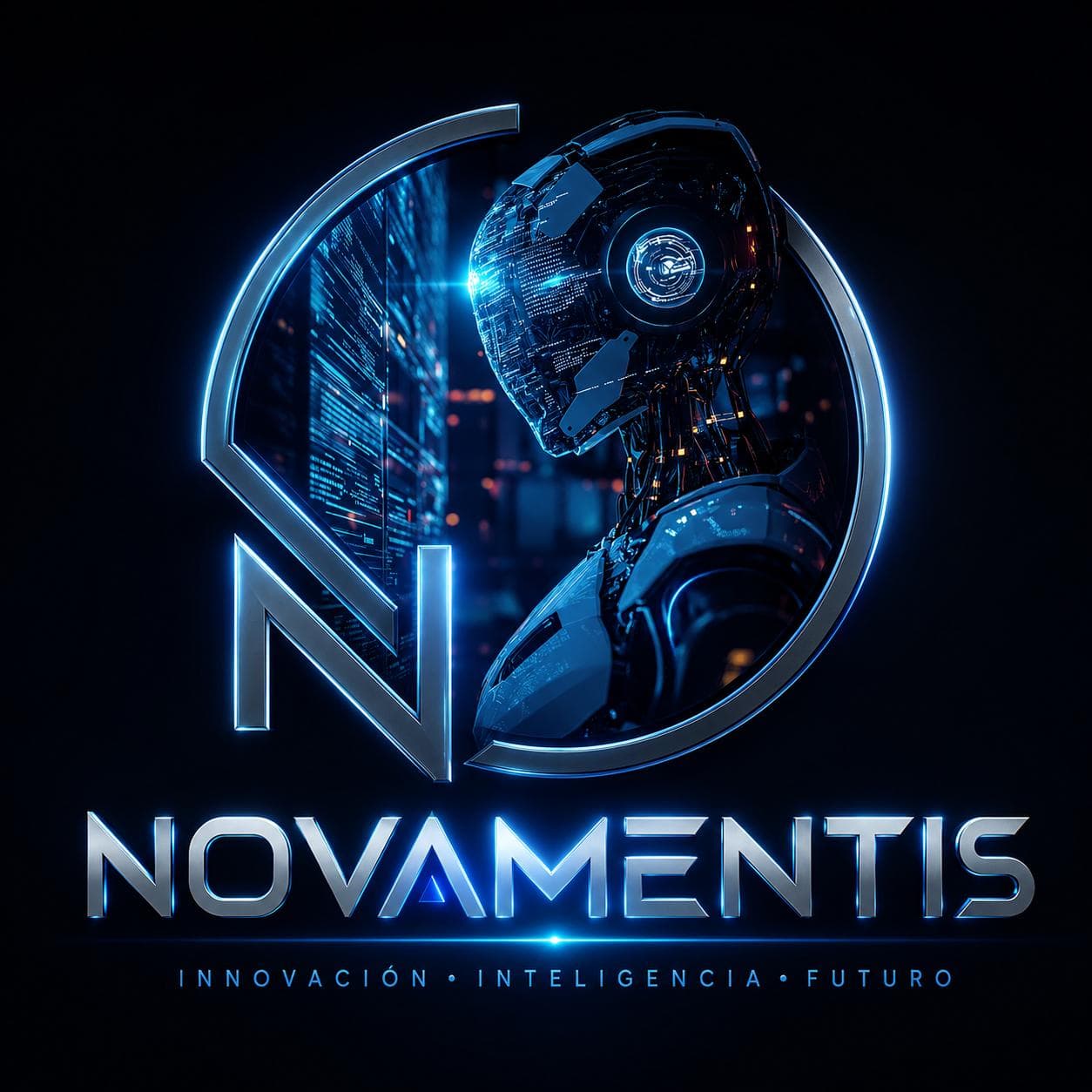 Identidad de NOVAMENTIS con inteligencia artificial humanoide e iluminación azul