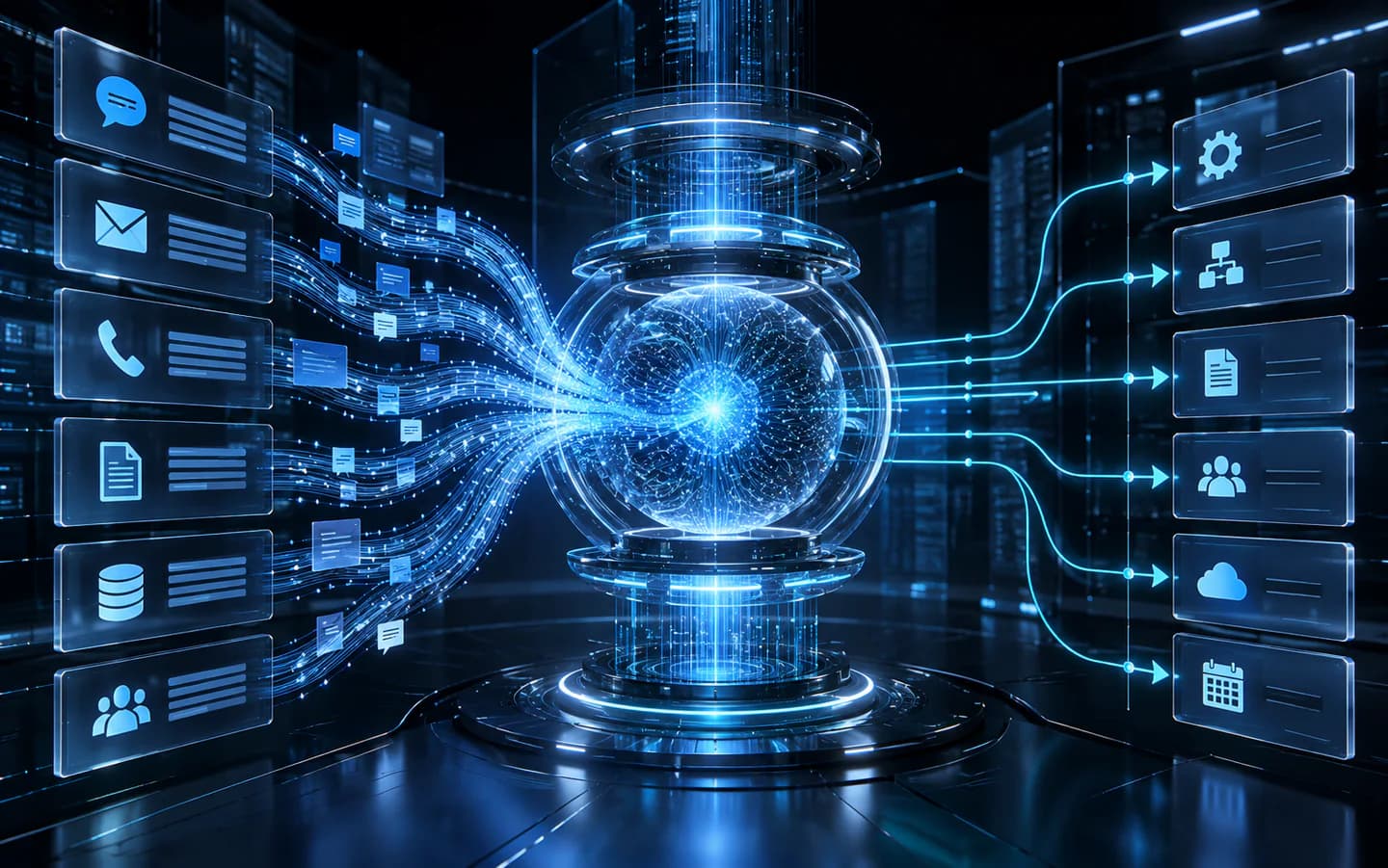Visualización conceptual de una inteligencia artificial empresarial que procesa conversaciones, información y acciones.