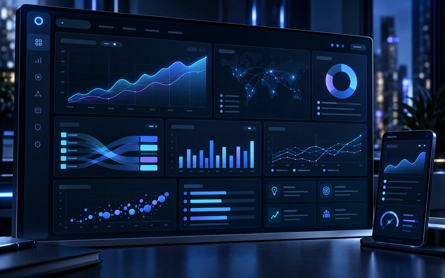 Visualización conceptual de un panel analítico con tendencias, conversiones y señales para orientar decisiones.