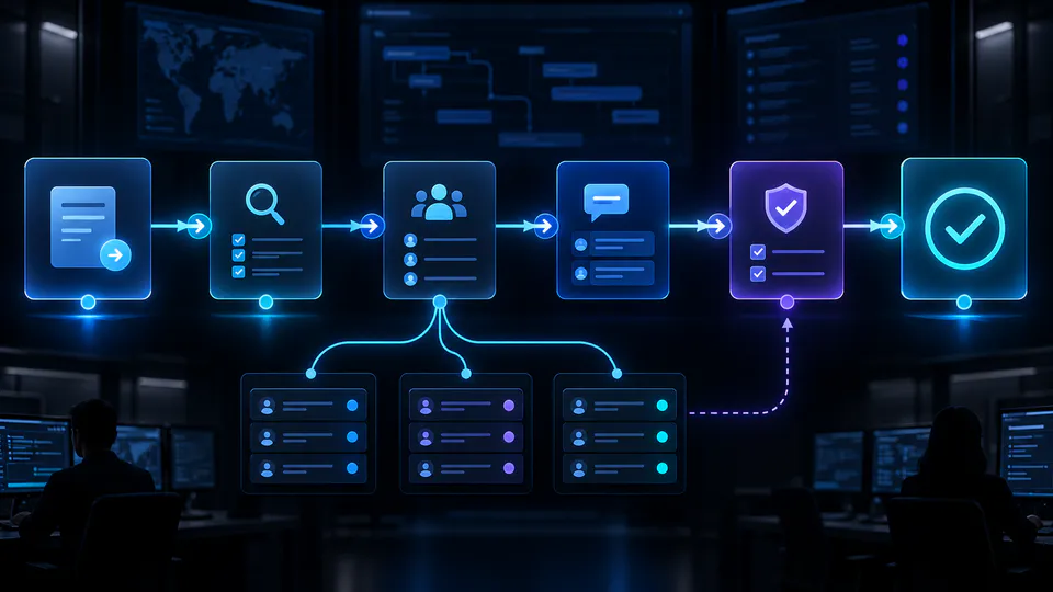 Visualización conceptual de un flujo empresarial conectado desde la solicitud hasta el resultado.