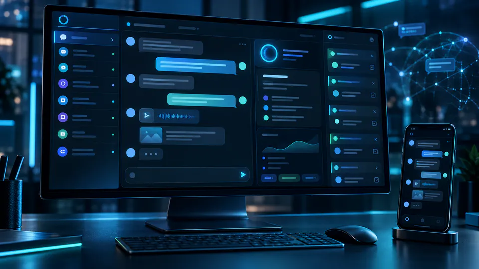 Visualización conceptual de una consola de mensajería empresarial con asistencia de inteligencia artificial.